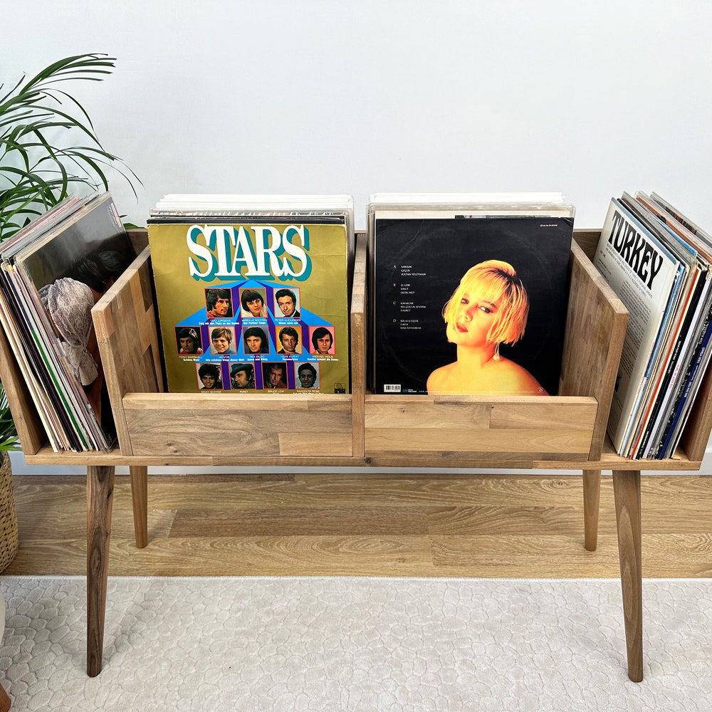 Walnut Vinyl Console, Vinyl End Table, Vinyl Display
