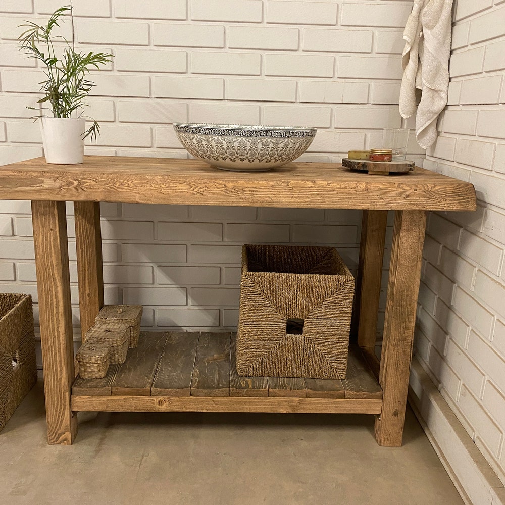 Bathroom Rustic Vanity, Reclaimed Wood Solid Bathroom Vanity, Live Edge Farmhouse Rustic Wood Decor, Counter Top Wood Table
