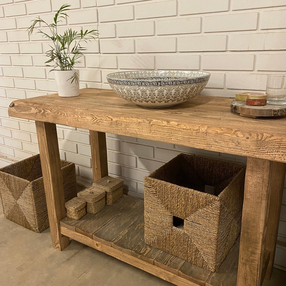 Bathroom Rustic Vanity, Reclaimed Wood Solid Bathroom Vanity, Live Edge Farmhouse Rustic Wood Decor, Counter Top Wood Table