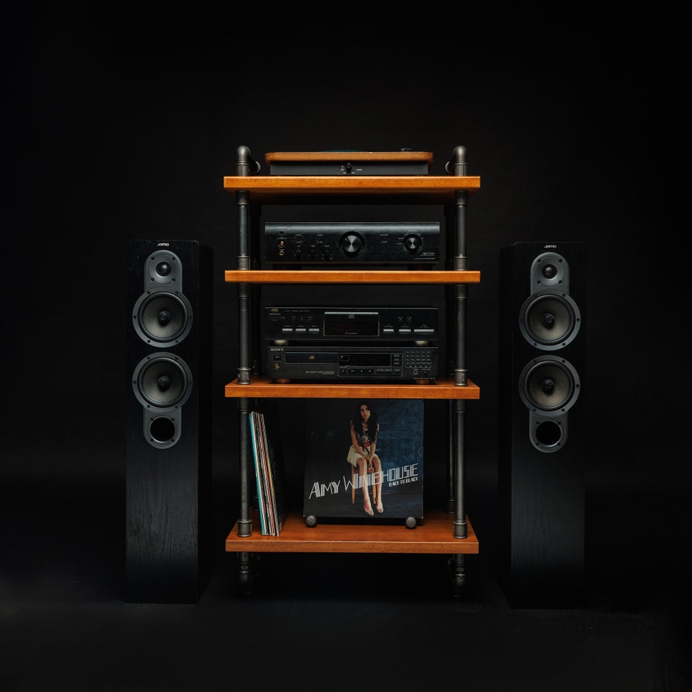 3 in 1 rack, Lp Turntable Storage, Handmade Record Player Stand, Industrial Vinyl Table, Media Hifi TV Unit