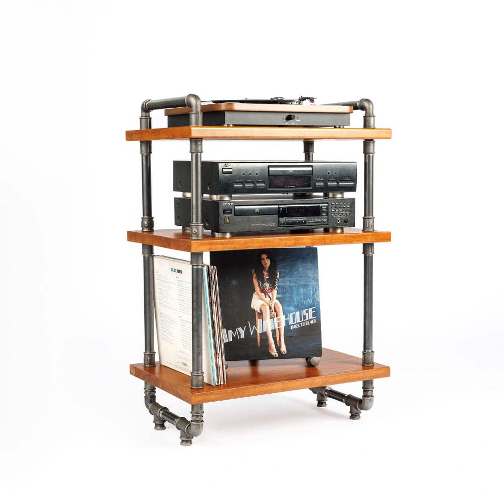 3 in 1 rack, Lp Turntable Storage, Handmade Record Player Stand, Industrial Vinyl Table, Media Hifi TV Unit