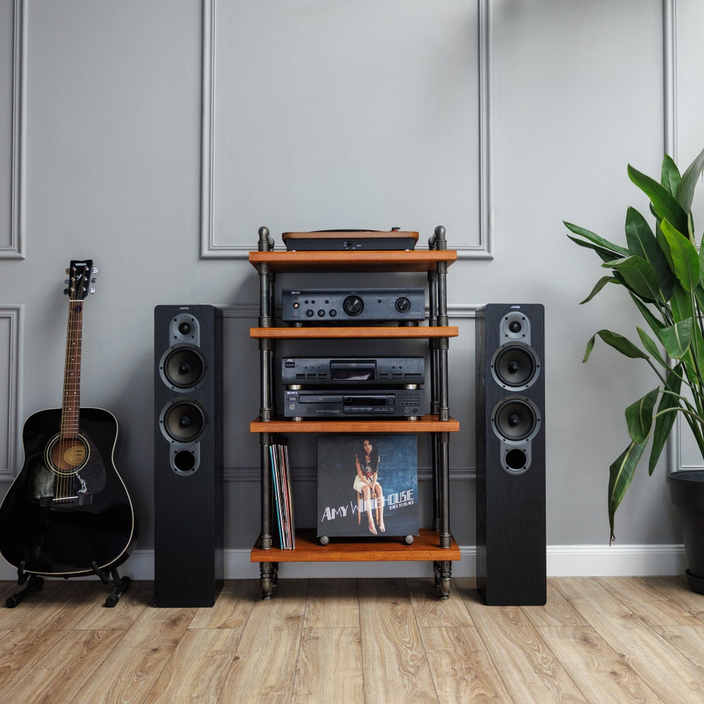 3 in 1 rack, Lp Turntable Storage, Handmade Record Player Stand, Industrial Vinyl Table, Media Hifi TV Unit