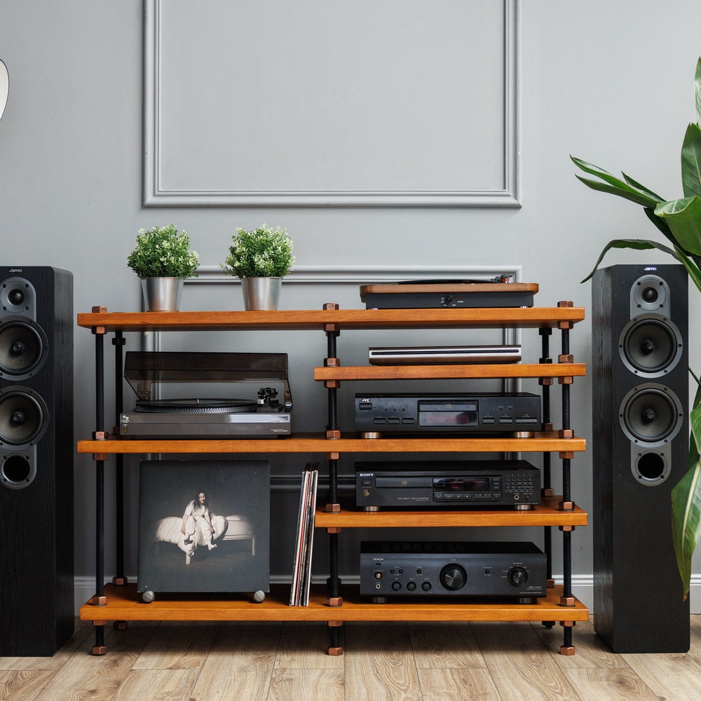 6 in 1 audio rack, Threaded Rods Double stand, LP Turntable Storage, Record Player Stand, Industrial Vinyl Table