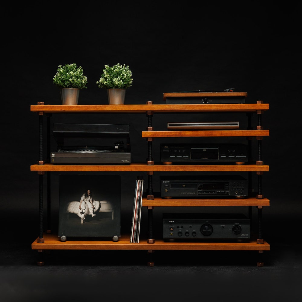 6 in 1 audio rack, Threaded Rods Double stand, LP Turntable Storage, Record Player Stand, Industrial Vinyl Table