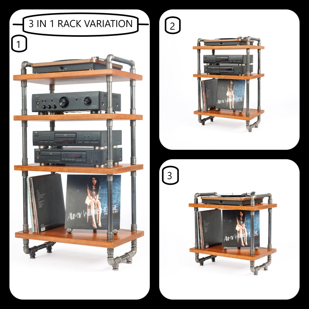 3 in 1 rack, Lp Turntable Storage, Handmade Record Player Stand, Industrial Vinyl Table, Media Hifi TV Unit
