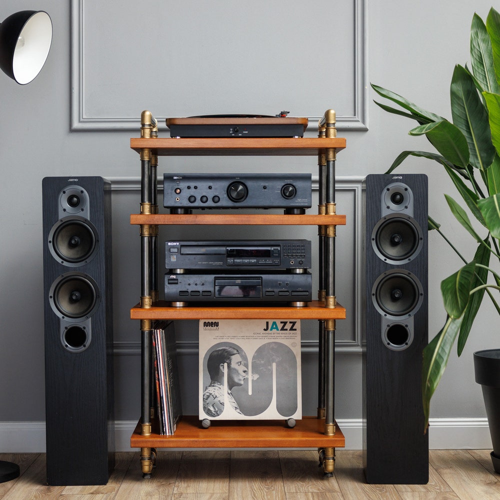 3 in 1 rack, Lp Turntable Storage, Handmade Record Player Stand, Industrial Vinyl Table, Media Hifi TV Unit