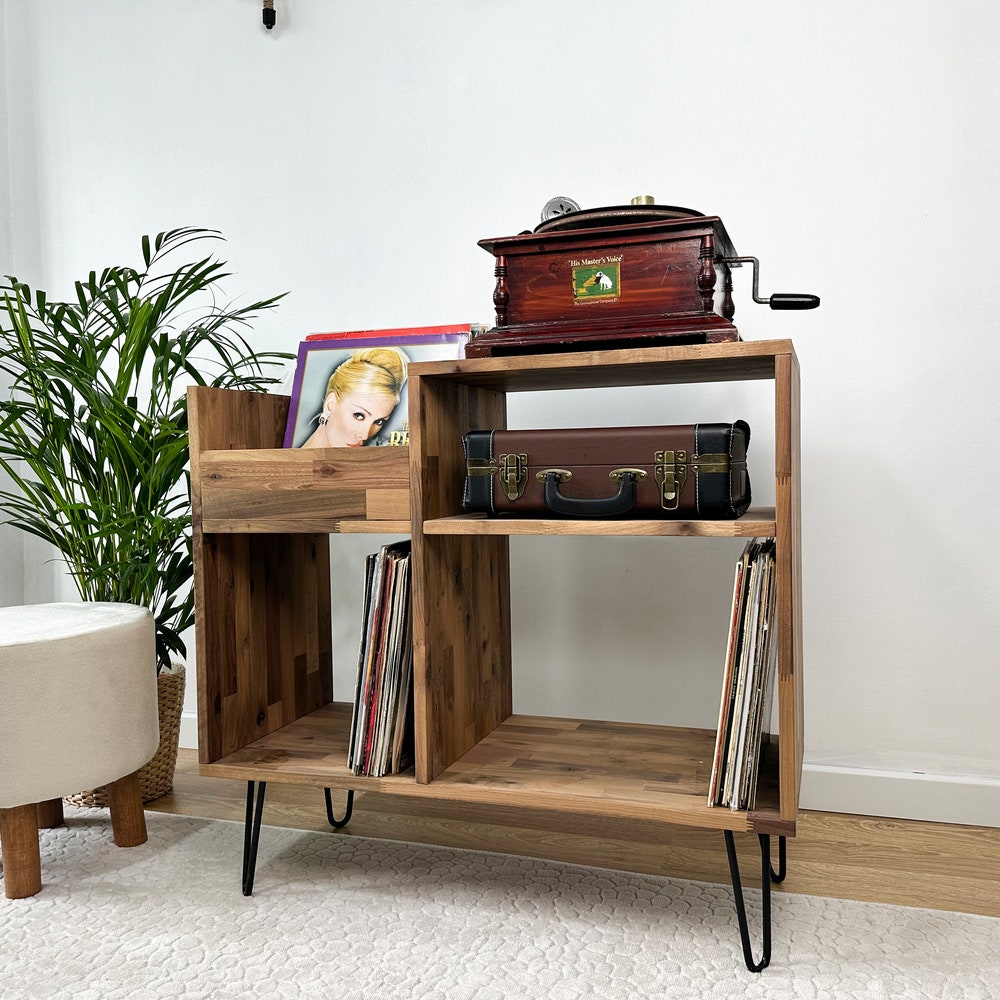 Walnut Vinyl Console, Vinyl end table, Vinyl Display, Media Console, Large Record Player Table, Console Table, Vinyl Stand, Record Console