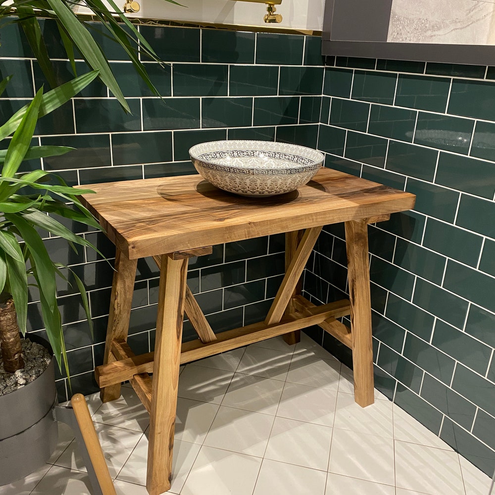 Bathroom Rustic Vanity, Walnut Wood Solid Bathroom Vanity, Farmhouse Modern Rustic Wood Decor, Counter Top Wood Table, Gift for Her/Woman