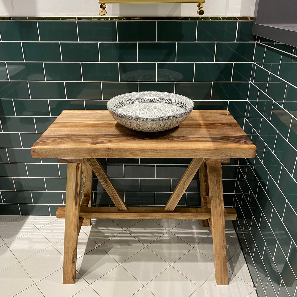 Bathroom Rustic Vanity, Walnut Wood Solid Bathroom Vanity, Farmhouse Modern Rustic Wood Decor, Counter Top Wood Table, Gift for Her/Woman