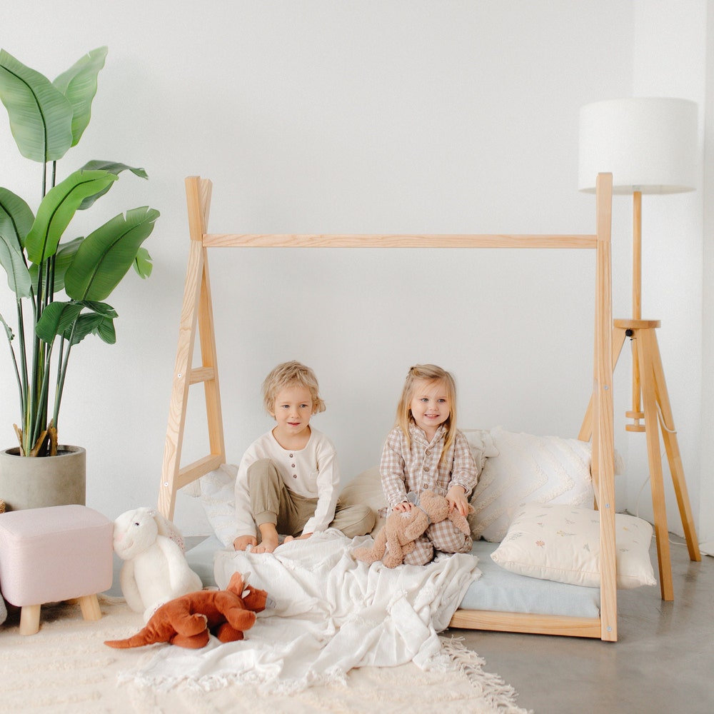 Boho Chic Floor Teepee Bed Frame for Toddler - Playful and Functional Design, Nursery furniture, Montessori shelves, born Baby Wardrobe