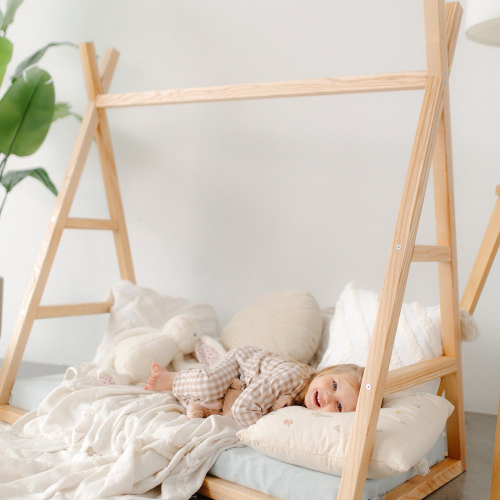 Boho Chic Floor Teepee Bed Frame for Toddler - Playful and Functional Design, Nursery furniture, Montessori shelves, born Baby Wardrobe