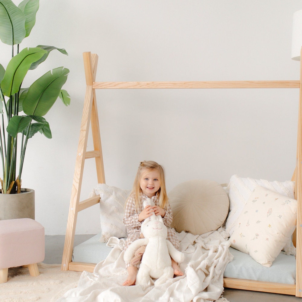 Boho Chic Floor Teepee Bed Frame for Toddler - Playful and Functional Design, Nursery furniture, Montessori shelves, born Baby Wardrobe