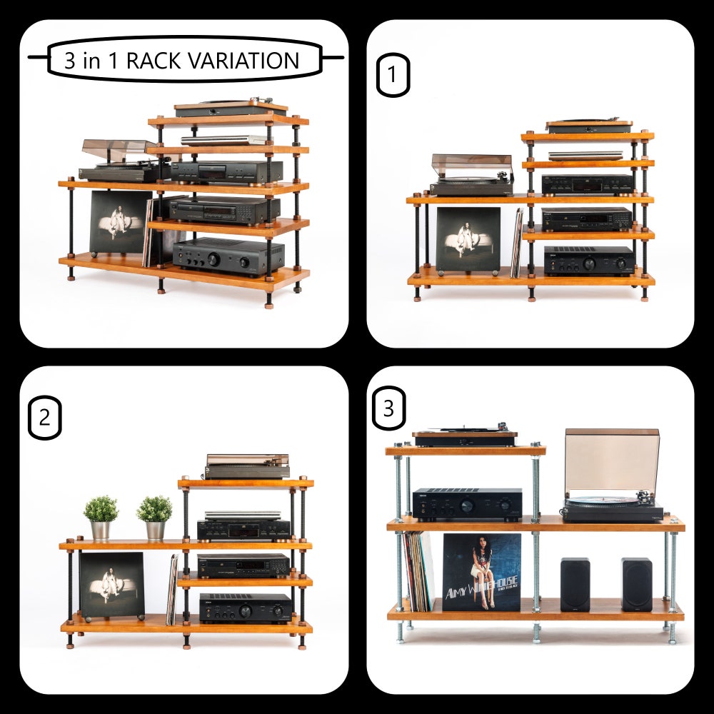 3 in 1 Rack variation,  Turntable Stand, Wood Furniture, Handmade Record Player Stand, Industrial Vinyl Table, Media Hifi TV Unit