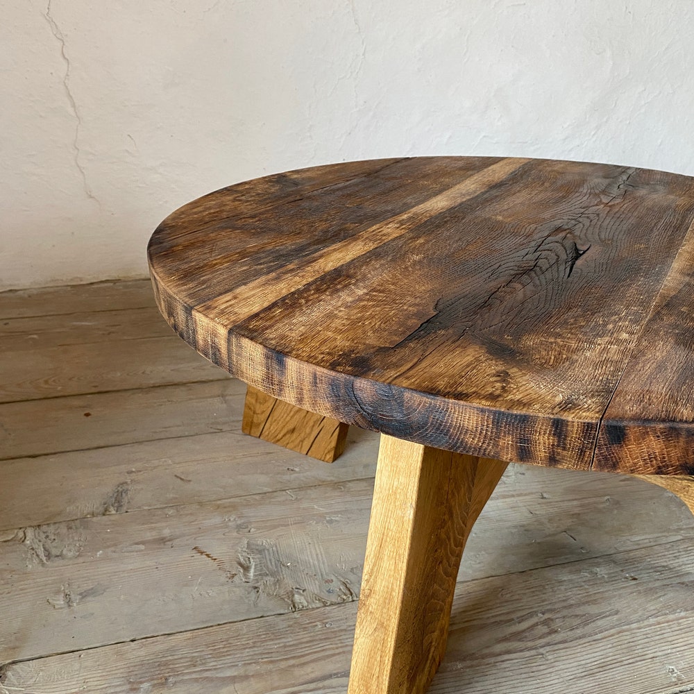 Round Rustic Coffee Table Reclaimed Oak Wood, Round Oak Coffee Table Rustic, Handmade Furniture and Decor, Barn Wood Farmhouse Coffee Table