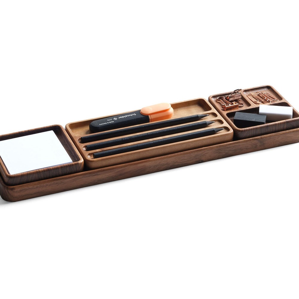 Wooden Desk Organizer Set, Handcrafted Desk Organizer Set, Pen Holder, Wood Tray Sticky Note Tray, Minimalist Office Organizer, Gift for Him