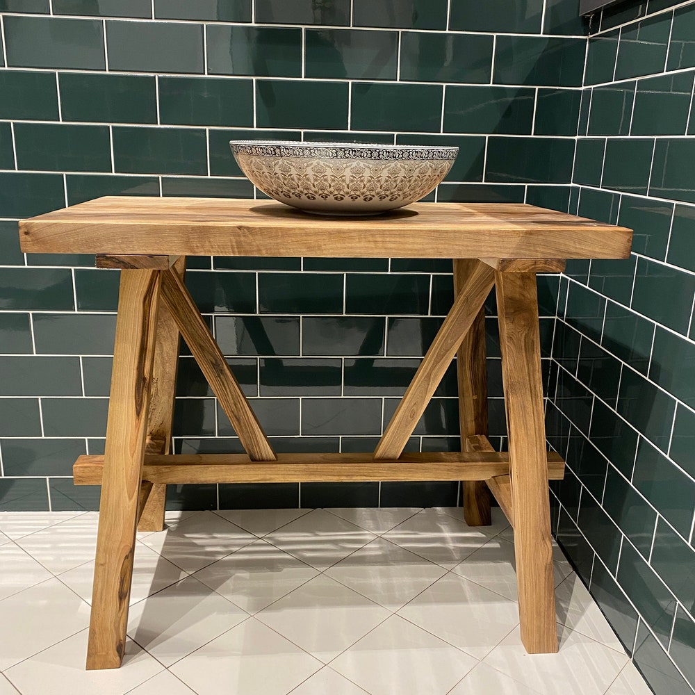 Bathroom Rustic Vanity, Walnut Wood Solid Bathroom Vanity, Farmhouse Modern Rustic Wood Decor, Counter Top Wood Table, Gift for Her/Woman