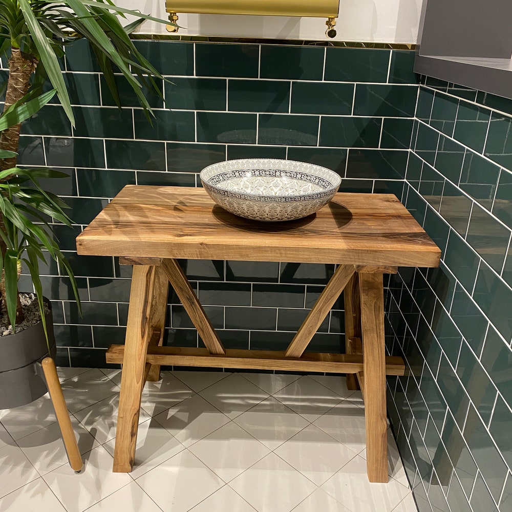 Bathroom Rustic Vanity, Walnut Wood Solid Bathroom Vanity, Farmhouse Modern Rustic Wood Decor, Counter Top Wood Table, Gift for Her/Woman