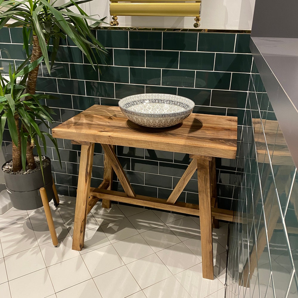 Bathroom Rustic Vanity, Walnut Wood Solid Bathroom Vanity, Farmhouse Modern Rustic Wood Decor, Counter Top Wood Table, Gift for Her/Woman