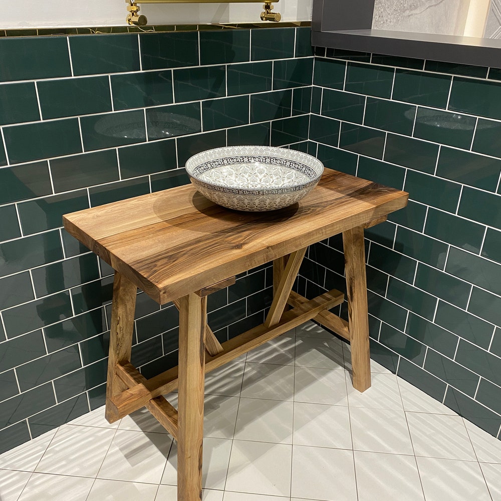 Bathroom Rustic Vanity, Walnut Wood Solid Bathroom Vanity, Farmhouse Modern Rustic Wood Decor, Counter Top Wood Table, Gift for Her/Woman
