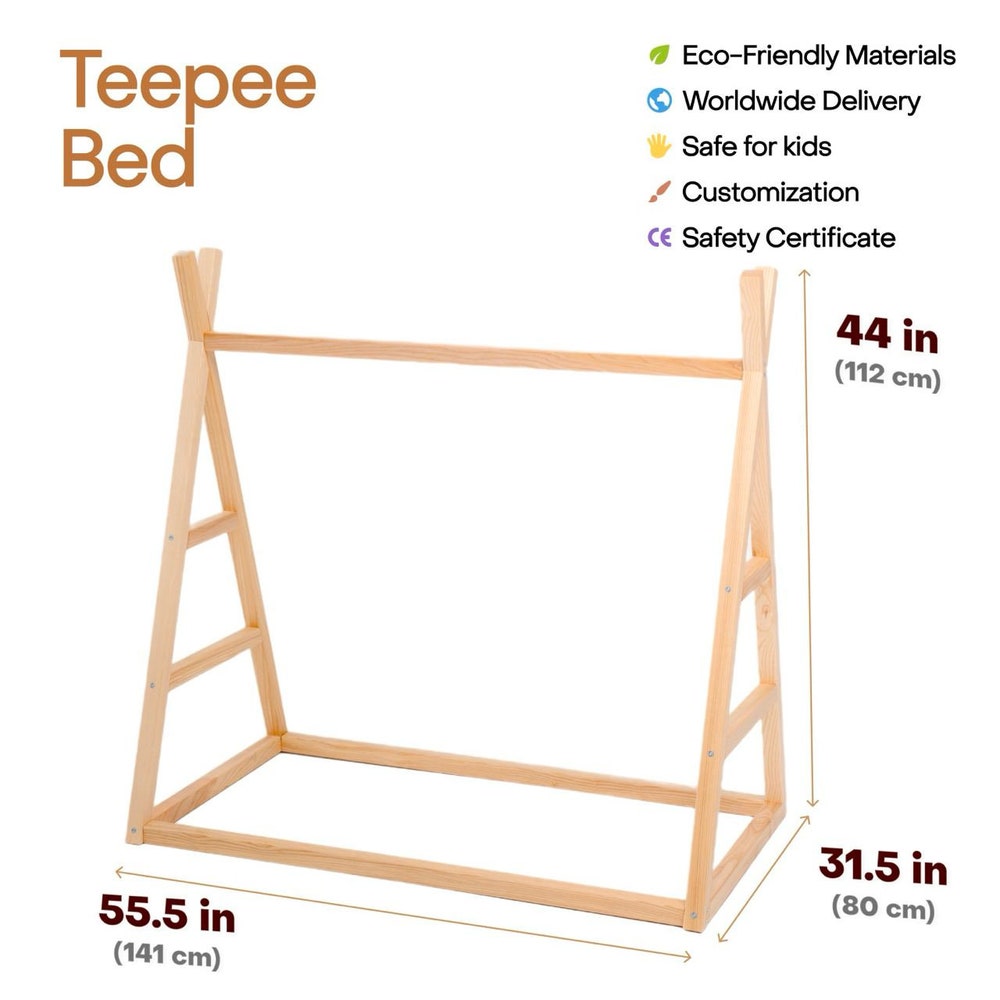 Boho Chic Floor Teepee Bed Frame for Toddler - Playful and Functional Design, Nursery furniture, Montessori shelves, born Baby Wardrobe