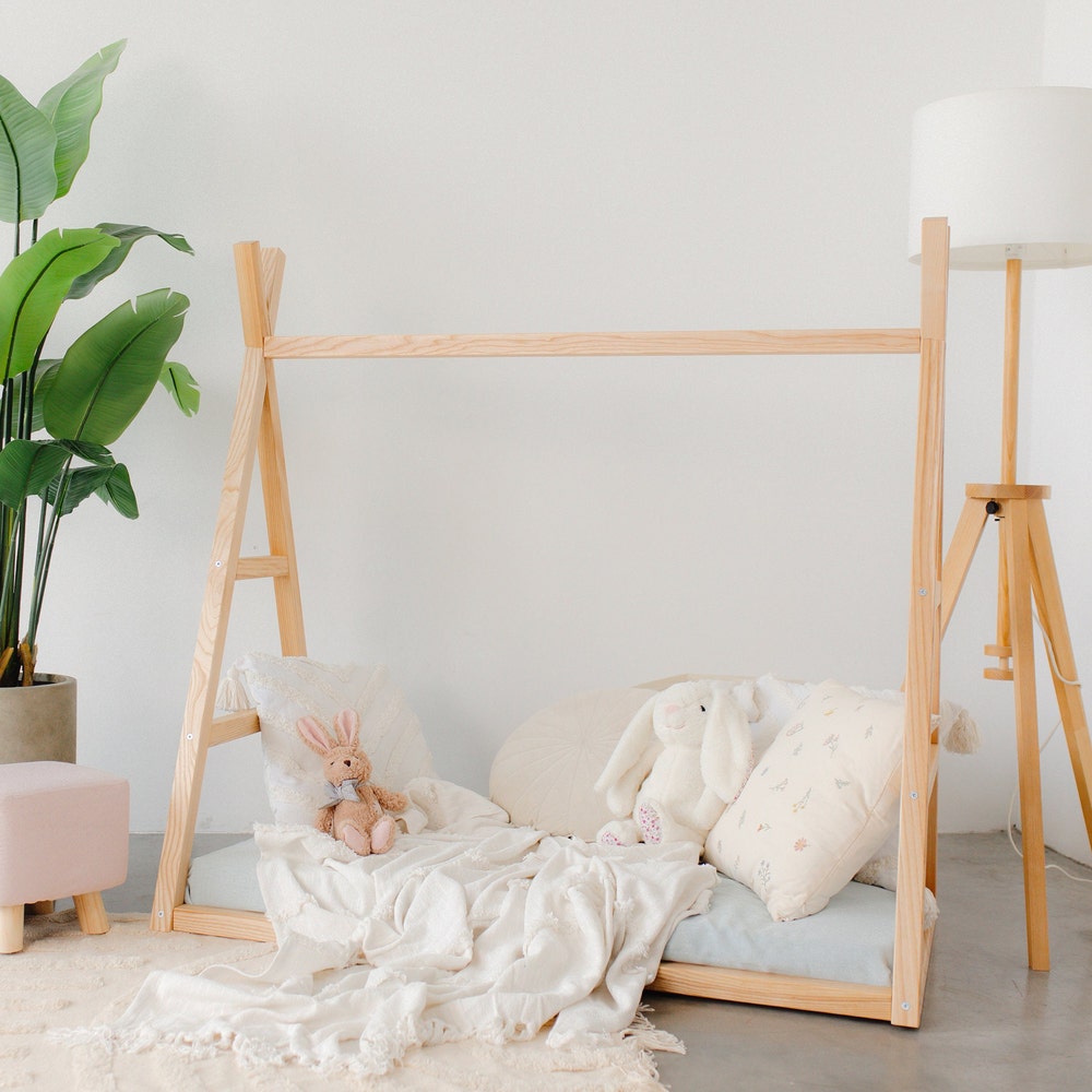 Boho Chic Floor Teepee Bed Frame for Toddler - Playful and Functional Design, Nursery furniture, Montessori shelves, born Baby Wardrobe