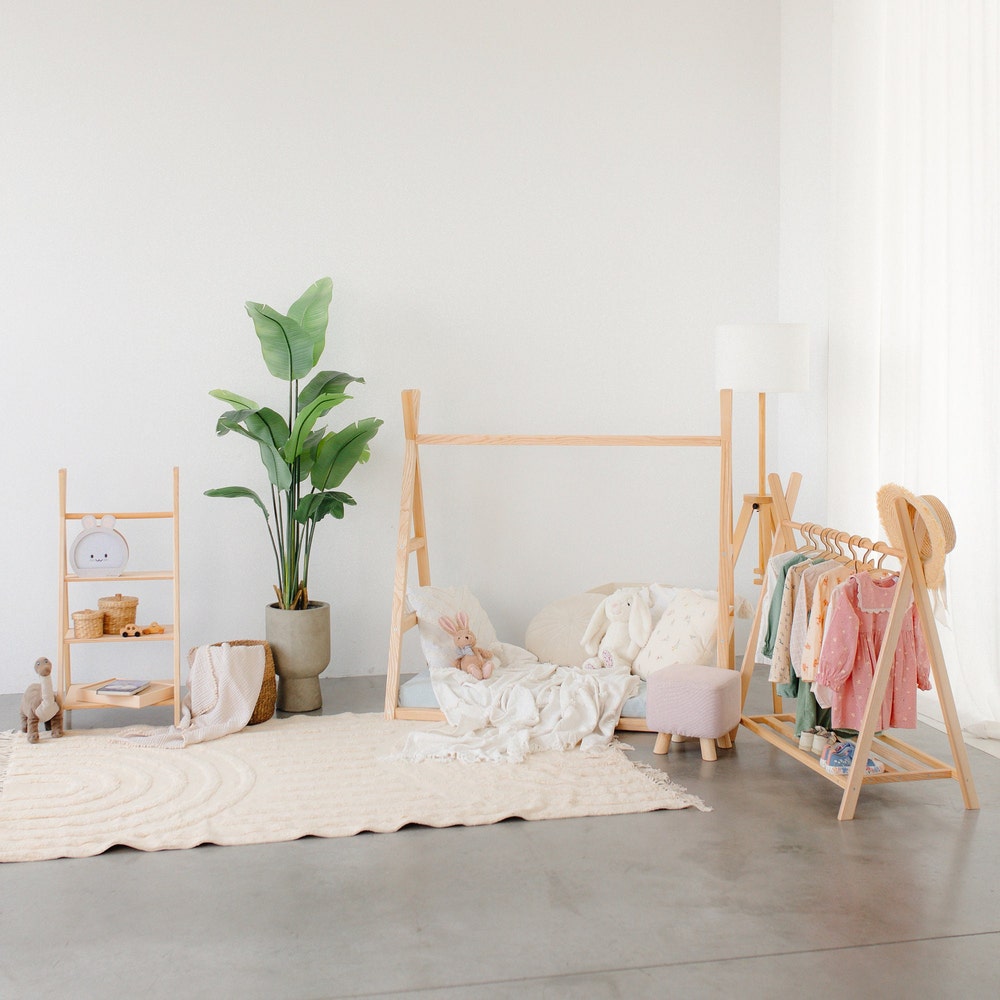 Boho Chic Floor Teepee Bed Frame for Toddler - Playful and Functional Design, Nursery furniture, Montessori shelves, born Baby Wardrobe