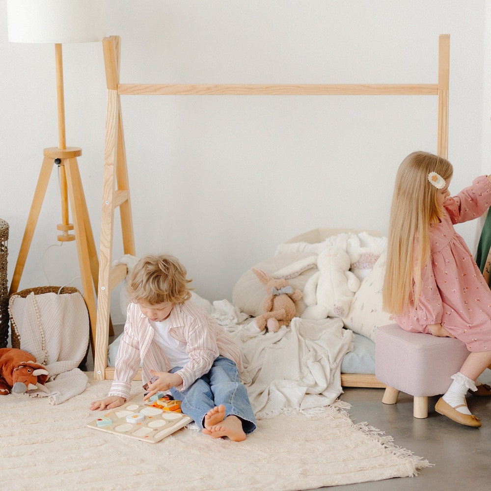 Boho Chic Floor Teepee Bed Frame for Toddler - Playful and Functional Design, Nursery furniture, Montessori shelves, born Baby Wardrobe