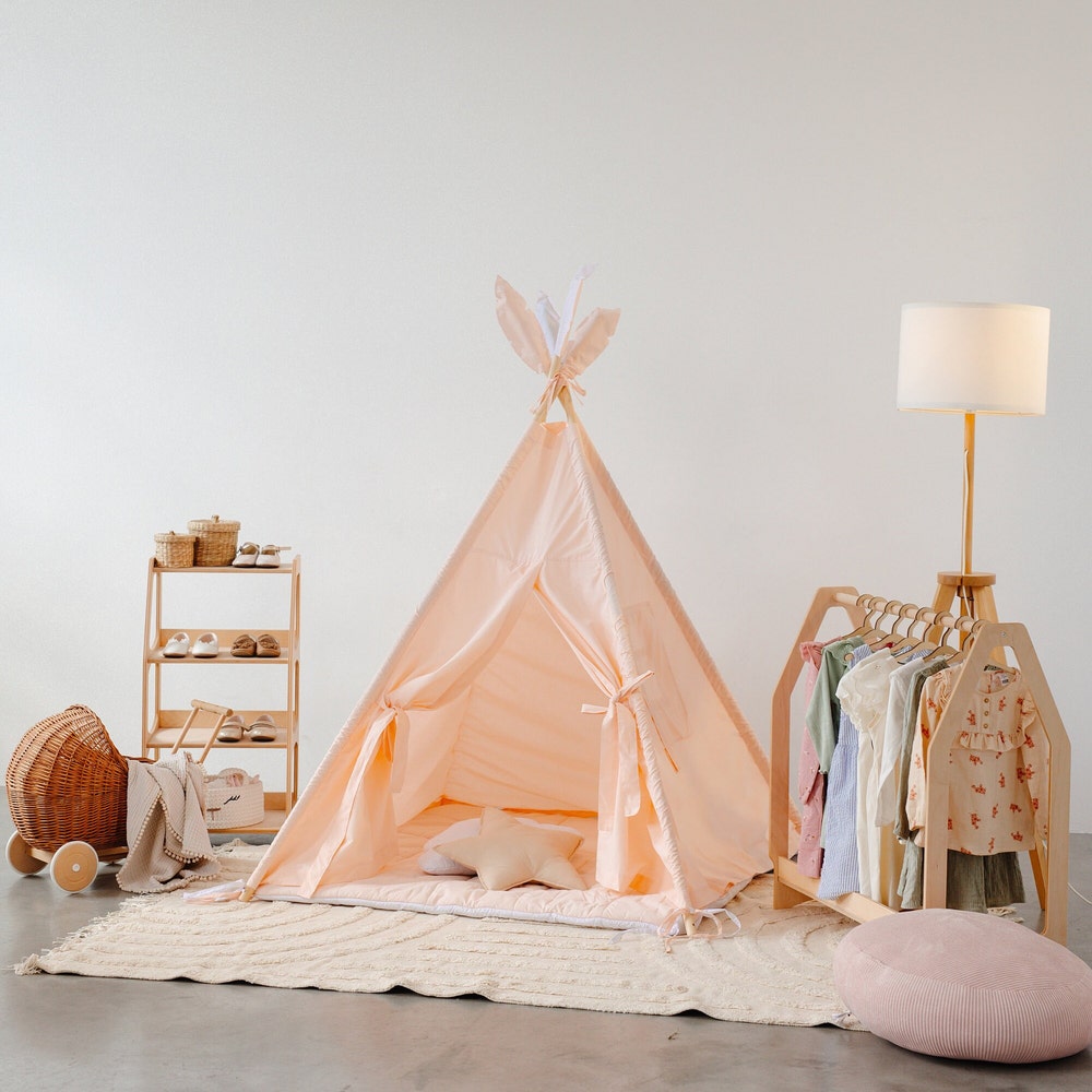 Toddler Teepee Tent for Kids with Soft mat and pillows, Indoor Playroom, Nursery Boho Decor, 1st Birthday Gift, Baby Shower Decoration Theme