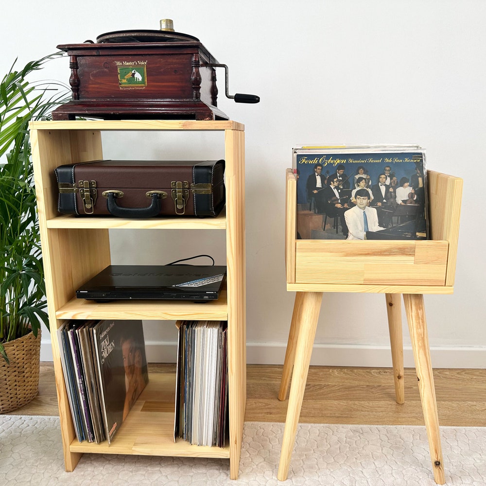 Wooden Record Player Stand, Vinyl Console, Vinyl Record Console, Dual set record player and vinyl console