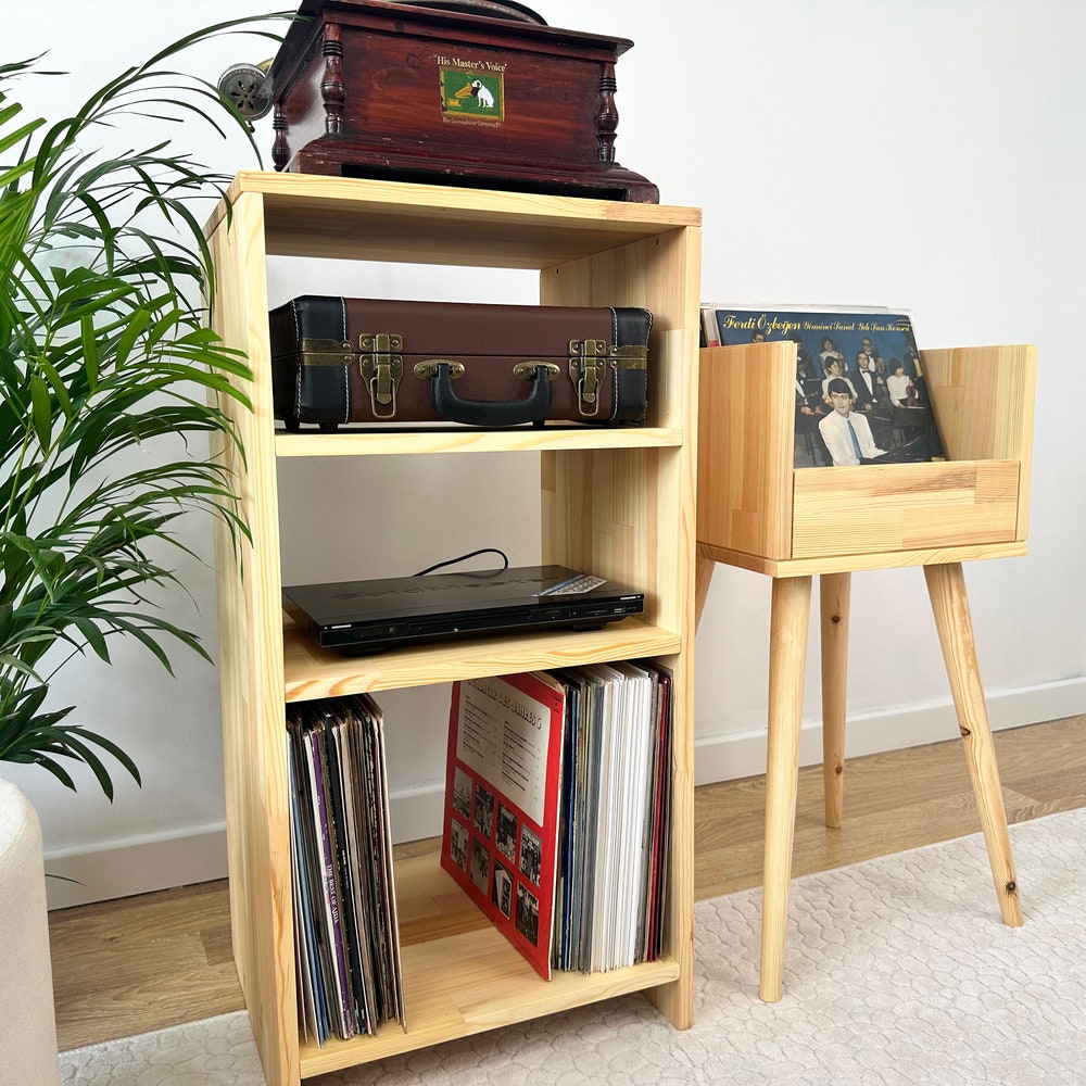 Wooden Record Player Stand, Vinyl Console, Vinyl Record Console, Dual set record player and vinyl console