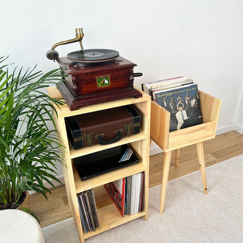 Wooden Record Player Stand, Vinyl Console, Vinyl Record Console, Dual set record player and vinyl console