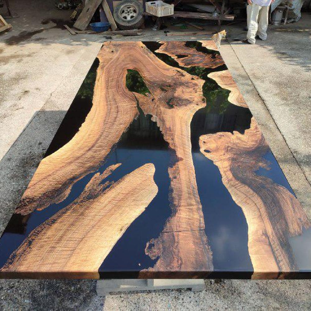 Black Epoxy Walnut Slabs Dining Table,Modern Kitchen Furniture,Rustic Chic Furniture