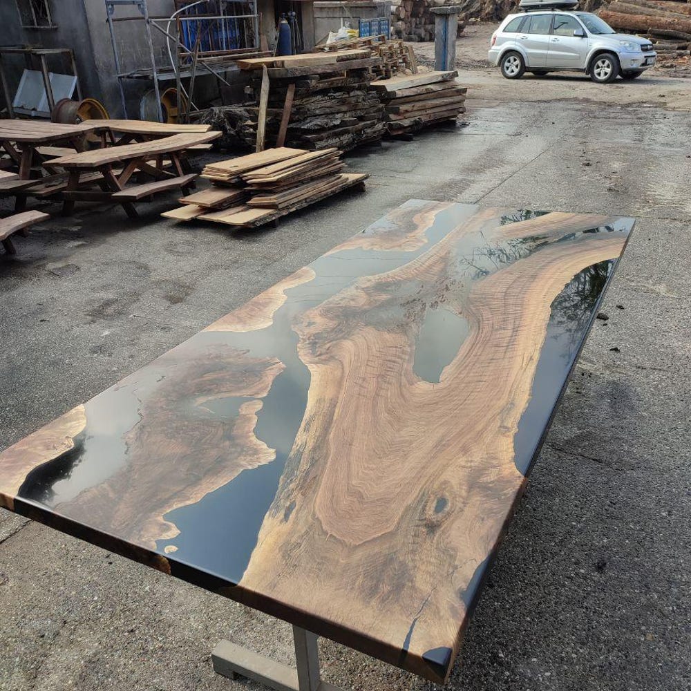 Black Epoxy Walnut Slabs Dining Table,Modern Kitchen Furniture,Rustic Chic Furniture