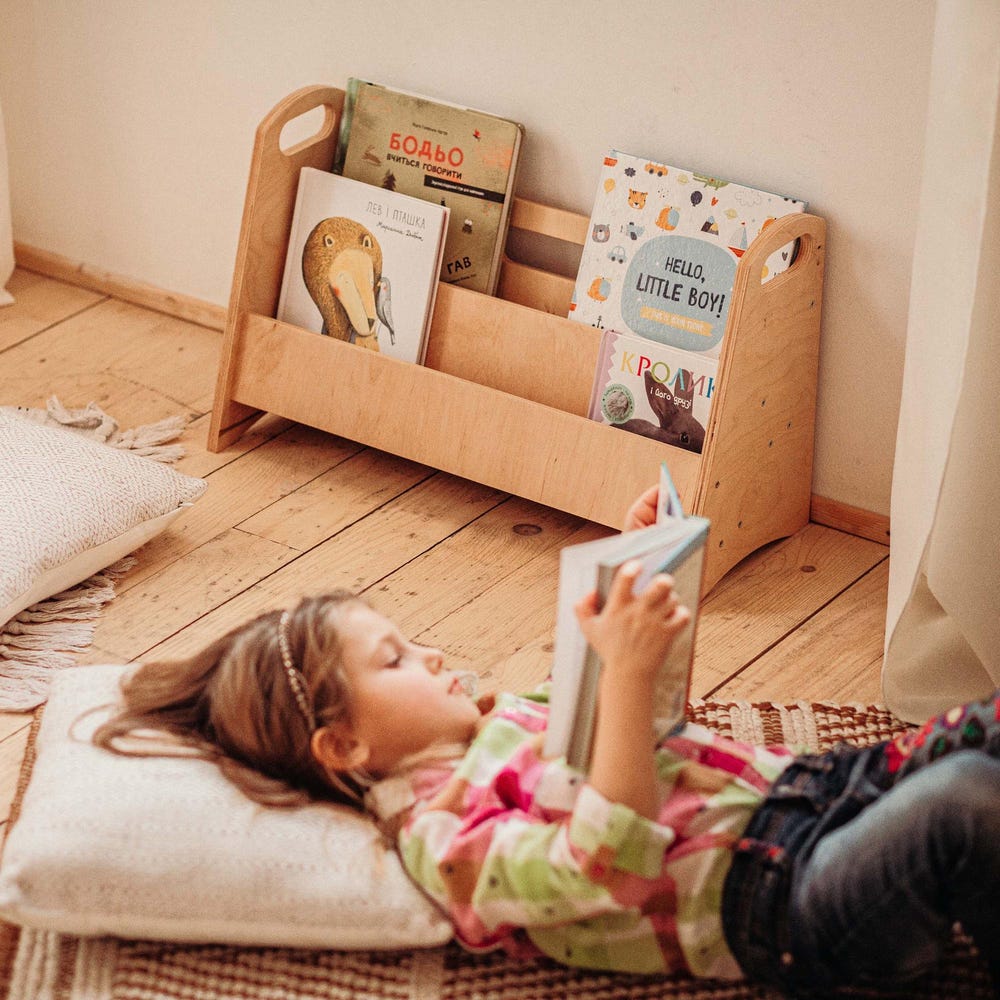Wooden Montessori Bookshelf for Kids, Playroom Storage Bookcase, Nursery Furniture for Toddlers