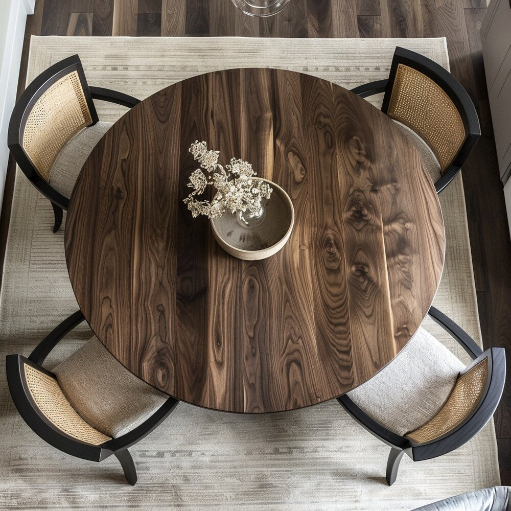 The Taylor Walnut Dining Table, round dining table, circle table, solid wood table