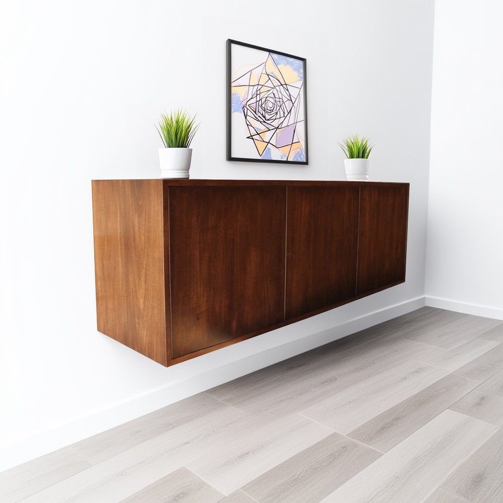 Wooden Floating Credenza, Solid Wood Credenza, Floating Cabinets, Walnut Credenza, Walnut Cabinets, Hardwood Cabinets, Handcrafted Cabinets