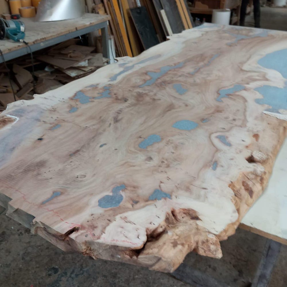 Blue epoxy elm wood dining table, resin living room furniture, diner table, coffee table