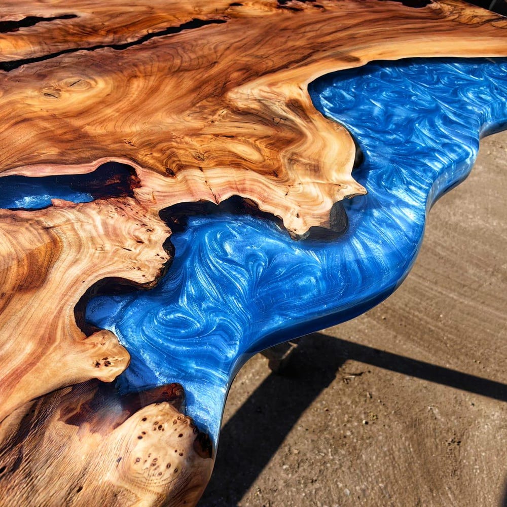 Blue epoxy elm wood dining table, resin living room furniture, diner table, coffee table
