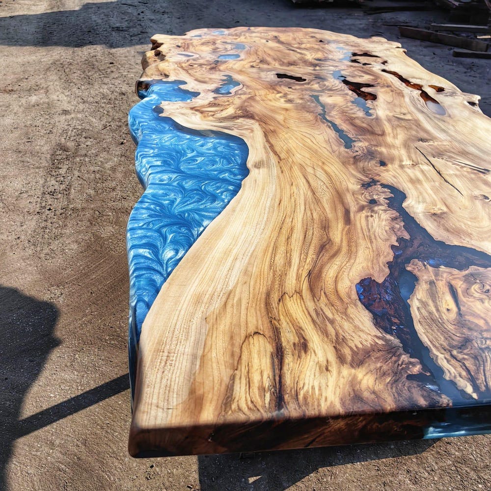 Blue epoxy elm wood dining table, resin living room furniture, diner table, coffee table