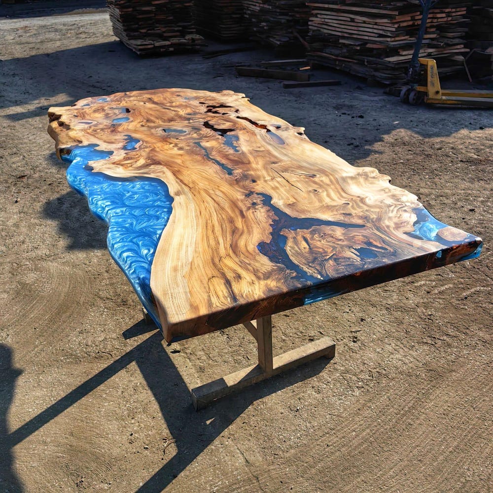 Blue epoxy elm wood dining table, resin living room furniture, diner table, coffee table