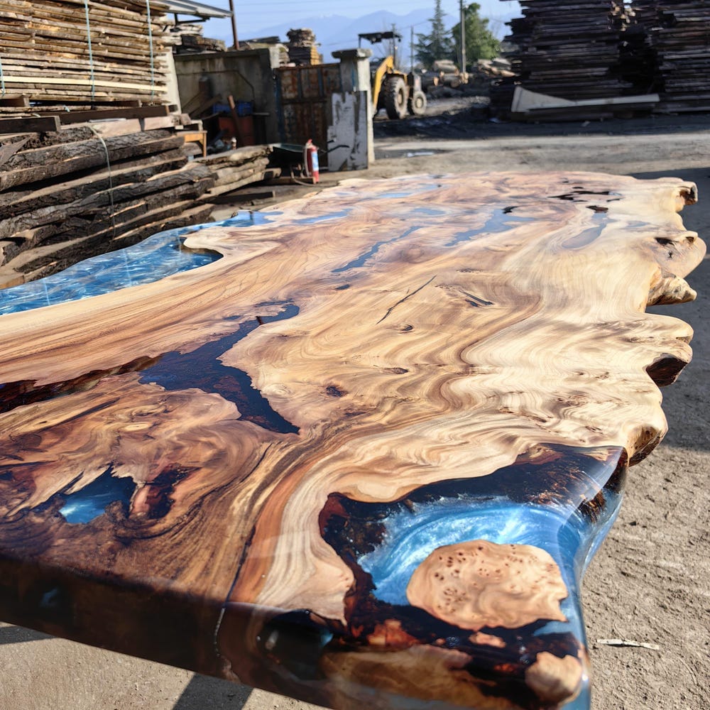 Blue epoxy elm wood dining table, resin living room furniture, diner table, coffee table