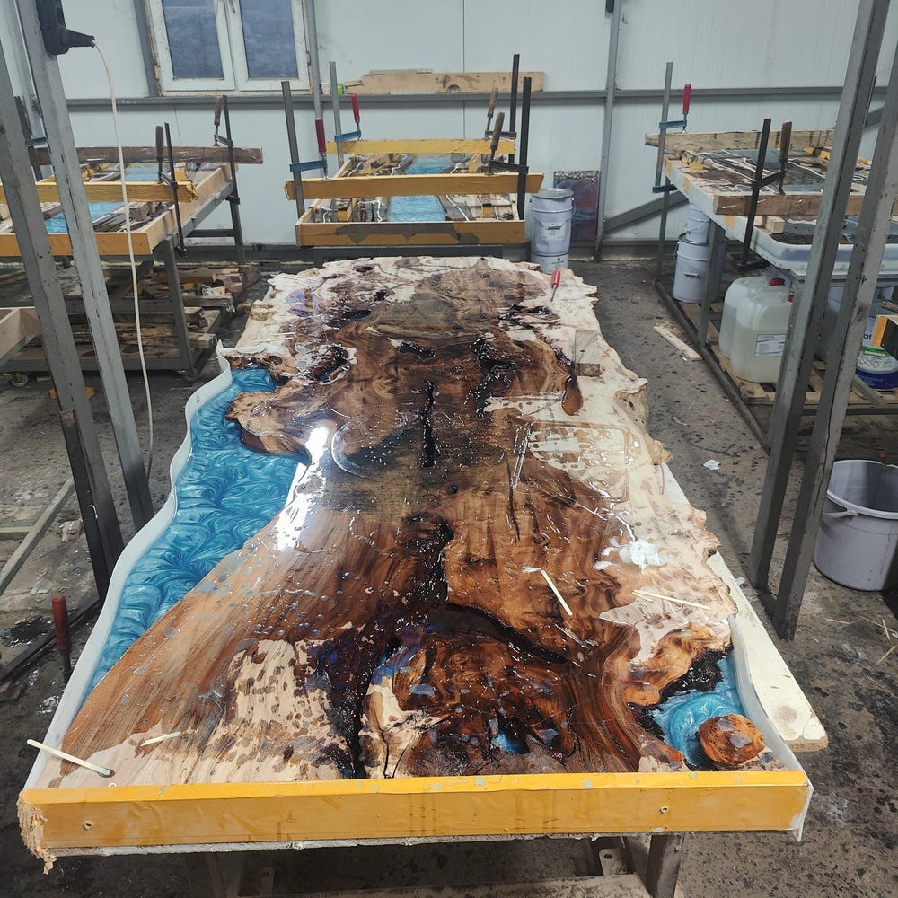 Blue epoxy elm wood dining table, resin living room furniture, diner table, coffee table