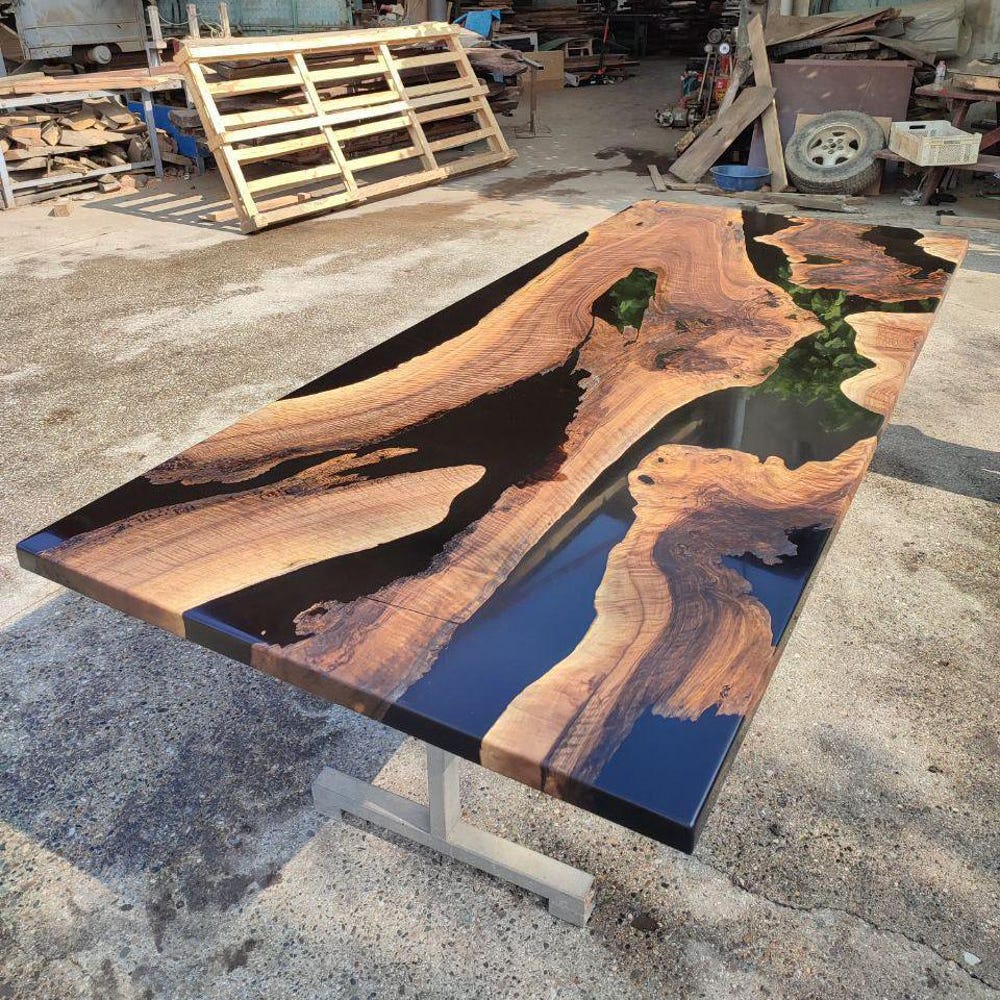 Black Epoxy Walnut Slabs Dining Table,Modern Kitchen Furniture,Rustic Chic Furniture