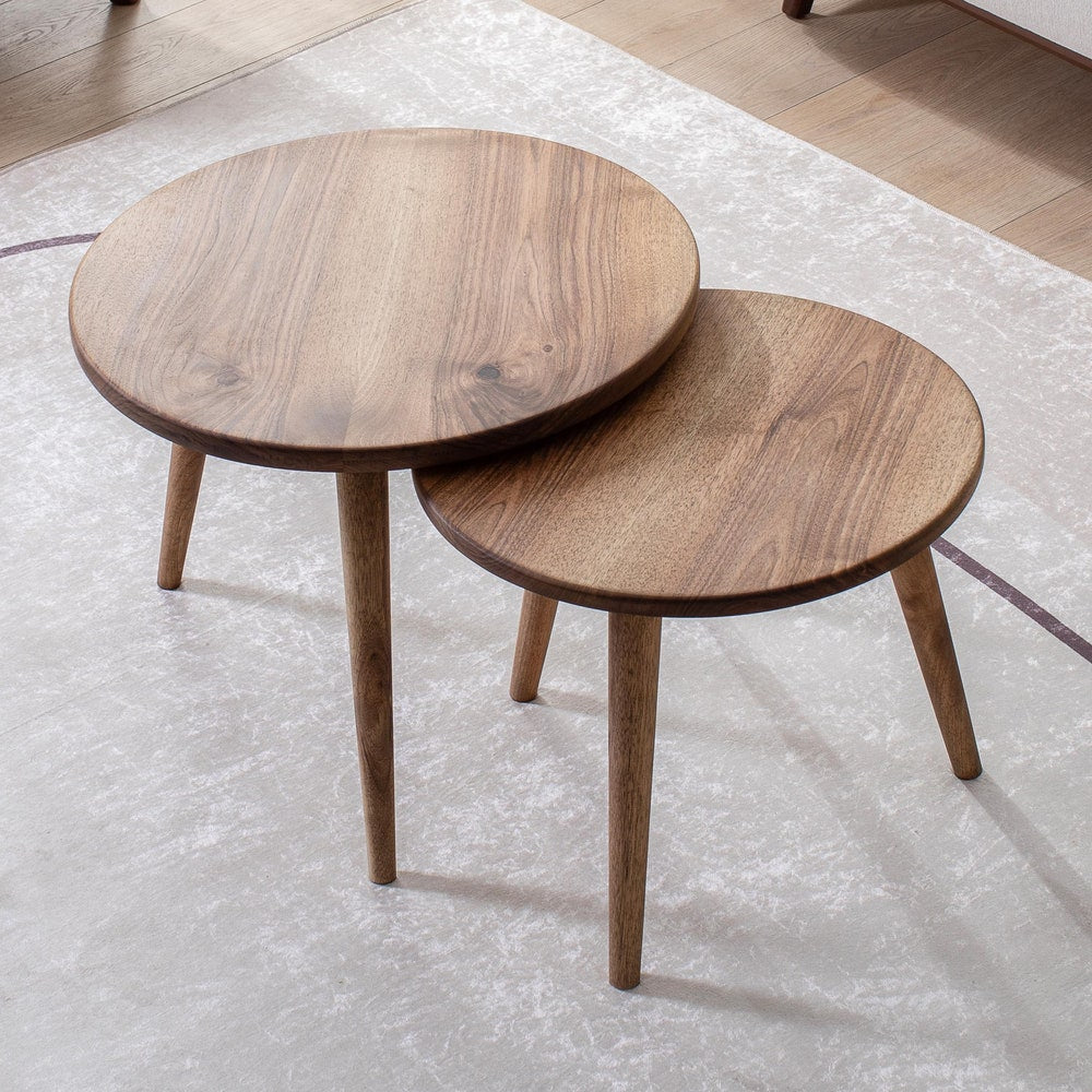 Solid Walnut Coffee Table Set, Mid Century Modern Round Coffee Tables, Wooden Side Table Set, Nesting Table, Minimalist Living Room Decor