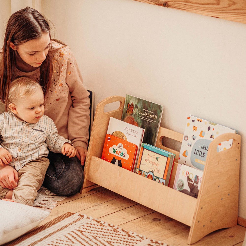 Wooden Montessori Bookshelf for Kids, Playroom Storage Bookcase, Nursery Furniture for Toddlers