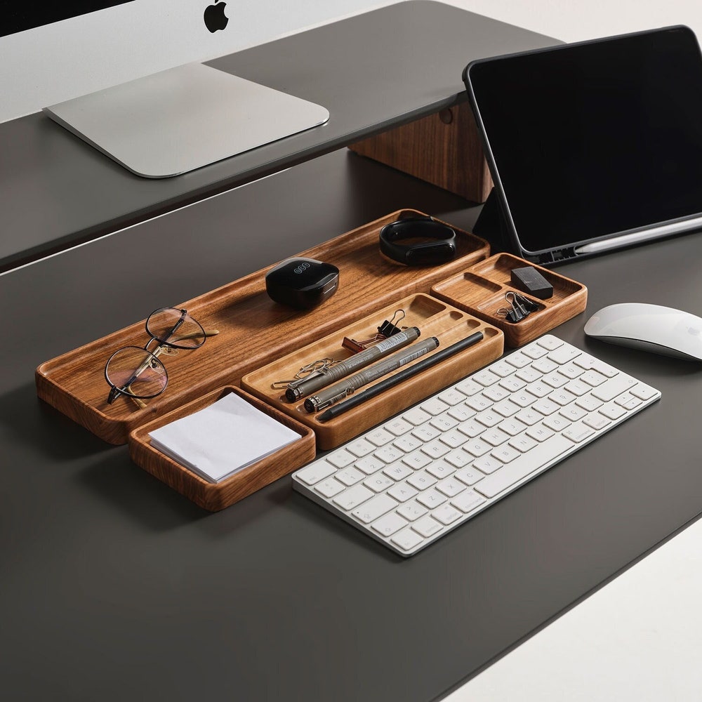 Wooden Desk Organizer Set, Handcrafted Desk Organizer Set, Pen Holder, Wood Tray Sticky Note Tray, Minimalist Office Organizer, Gift for Him