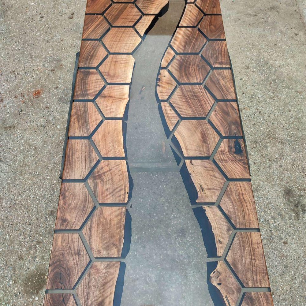 Transparent hexagon honeycomb epoxy dining table, custom order walnut epoxy desk, conference table,meeting table