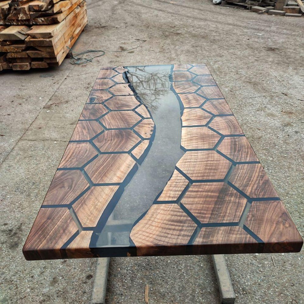 Transparent hexagon honeycomb epoxy dining table, custom order walnut epoxy desk, conference table,meeting table