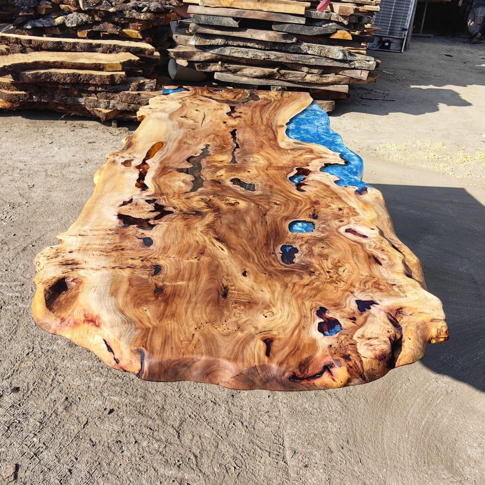 Blue epoxy elm wood dining table, resin living room furniture, diner table, coffee table