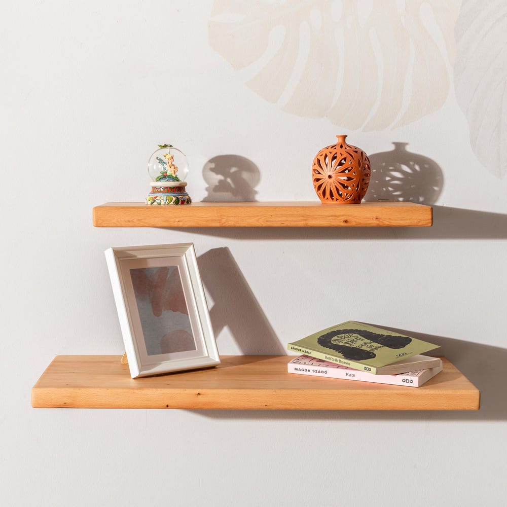 Solid Wood Floating Shelf, Beech Wall Shelf with Hidden Steel Bracket – Sturdy Farmhouse Shelves for Kitchen, Bathroom, Laundry & Bedroom